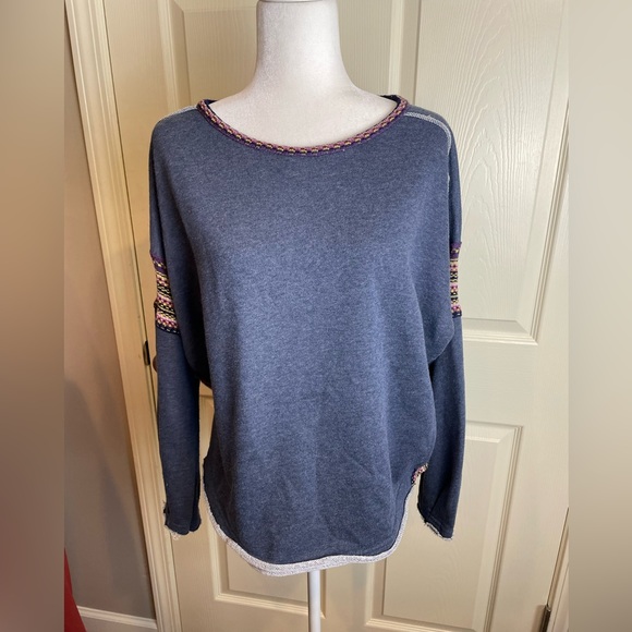 Natural Life Knit Trim Blue Sweatshirt with Patterned Sleeves small medium - Picture 9 of 15